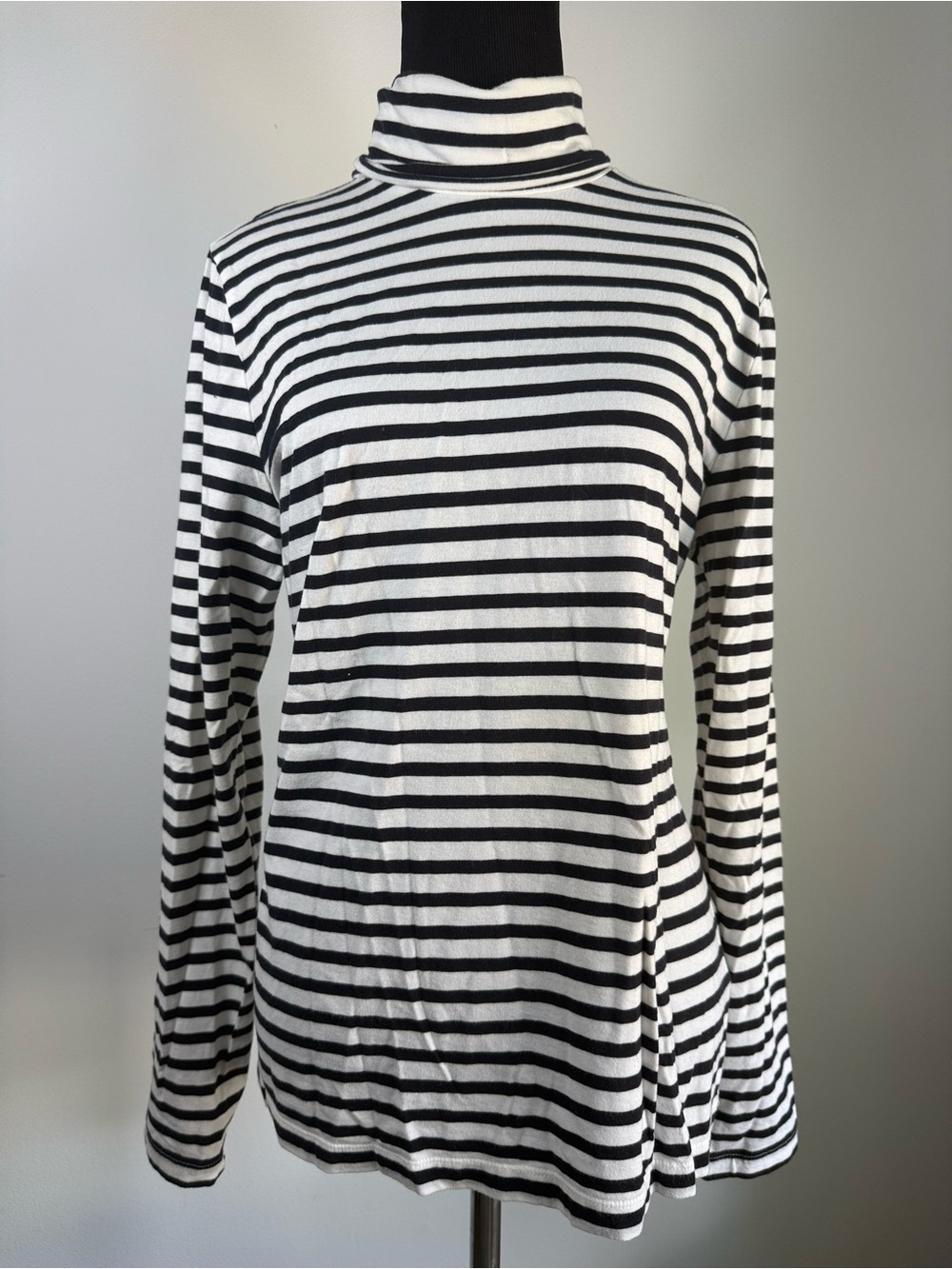Lands End Striped Turtleneck Top Black White Stretch Cotton Classic